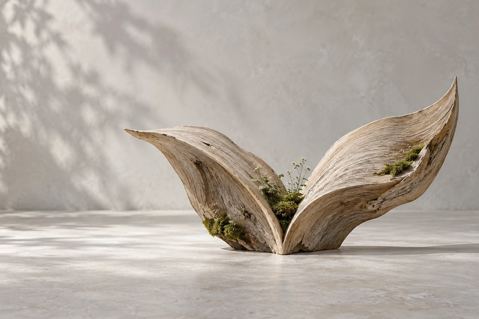 A sculptural open book made from wood, with delicate moss growing along its fold